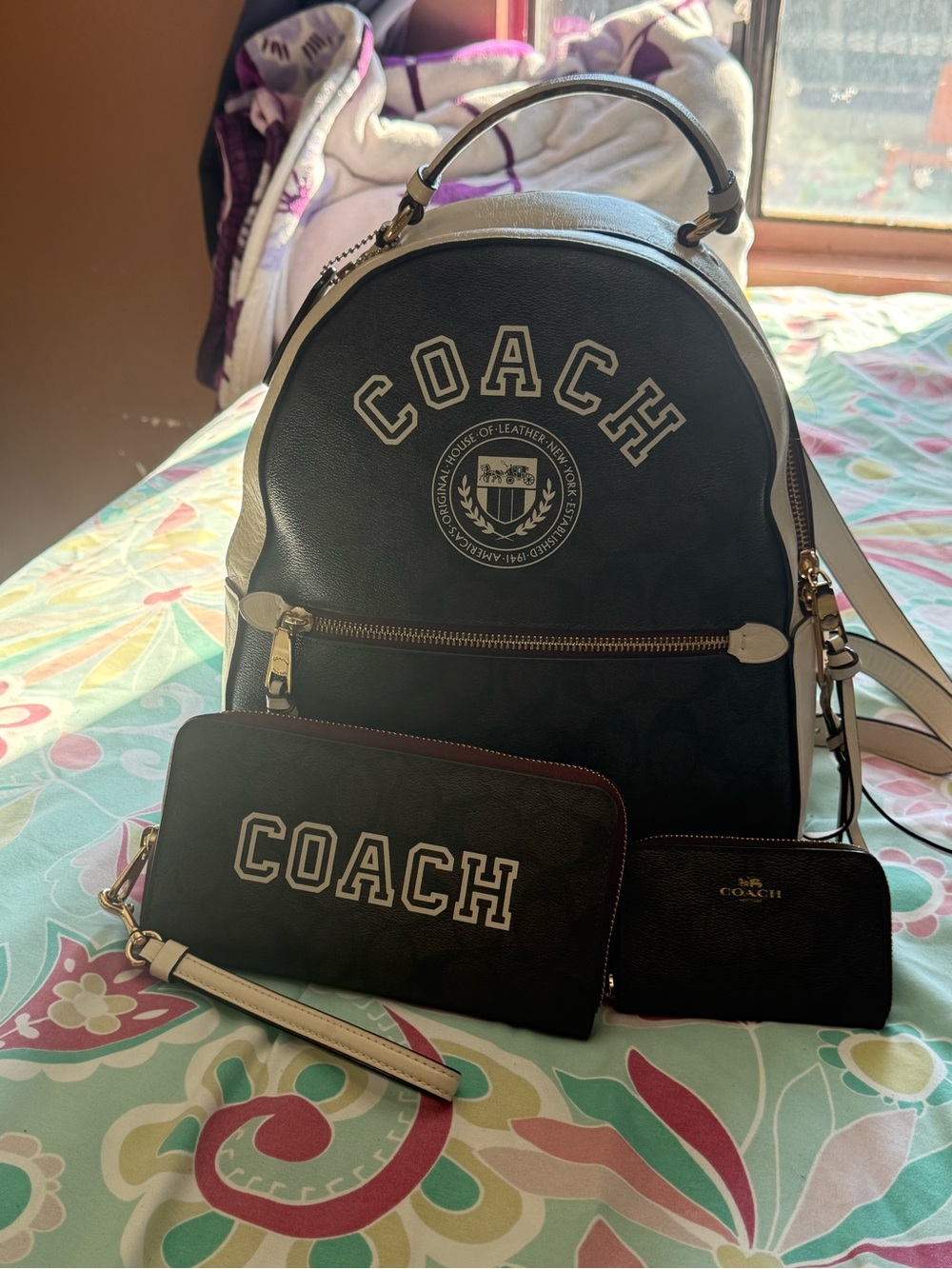Coach Black and White Logo Backpack with Matching Black Wallets